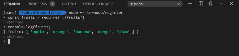Node.js REPL with ts-node/register