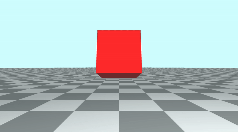 Canvas with a tiled floor on the bottom half of the canvas and light blue sky color in the top half of the canvas. A red cube is placed in the center of the screen. It is rotating around the x-axis and appears to rotate toward the viewer.