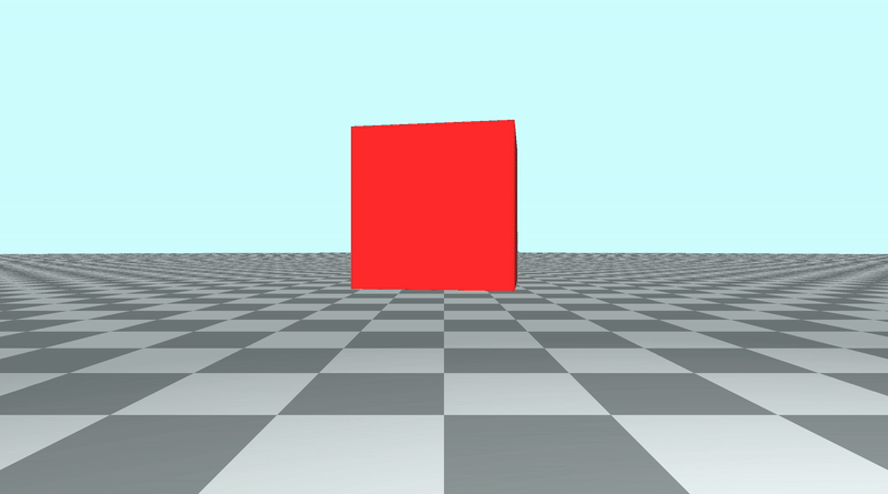 Canvas with a tiled floor on the bottom half of the canvas and light blue sky color in the top half of the canvas. A red cube is placed in the center of the screen. It is rotating around the y-axis and appears to rotate around an invisible vertical pole.