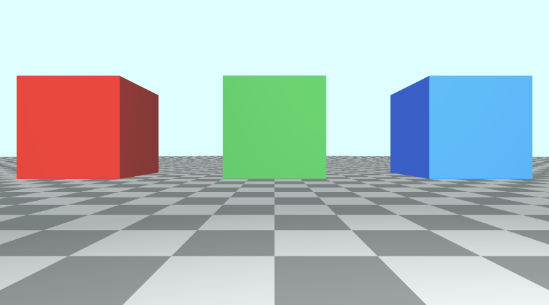 Canvas with a tiled floor on the bottom half of the canvas and light blue sky color in the top half of the canvas. A green cube is placed in the center of the screen. A red cube is placed on the left of the green cube. A blue cube is placed on the right of the green cube. The camera is currently looking at the green cube.