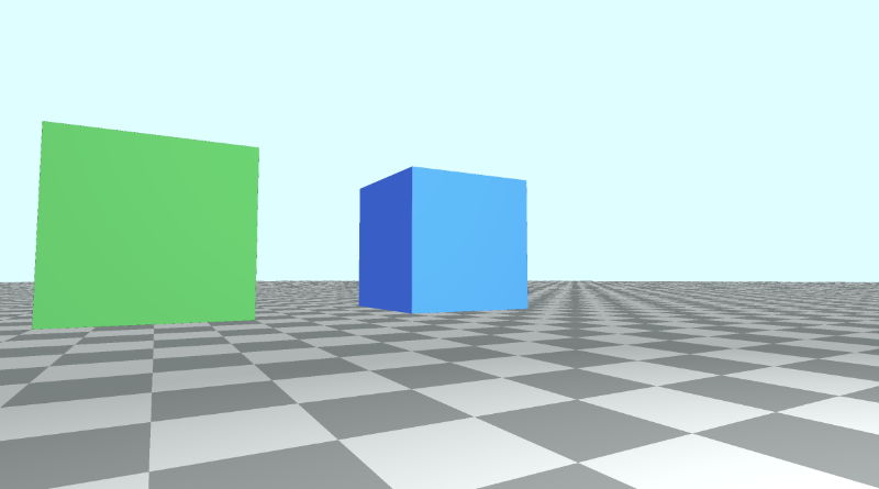 Canvas with a tiled floor on the bottom half of the canvas and light blue sky color in the top half of the canvas. A green cube is placed in the center of the screen. A red cube is placed on the left of the green cube. A blue cube is placed on the right of the green cube. The camera is currently looking at the blue cube.