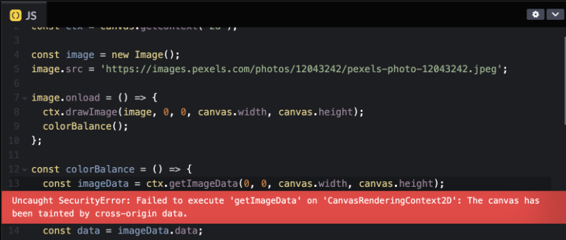 Screenshot of CodePen. Uncaught SecurityError: Failed to execute 'getImageData' on 'CanvasRenderingContext2D': The canvas has been tainted by cross-origin data.