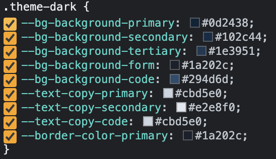 List of CSS variable property names where each name is followed by a small colored square and a color value in hexadecimal format (pound sign followed by six characters).