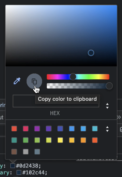 Color picker menu in Chrome DevTools highlighting the copy color to clipboard button.