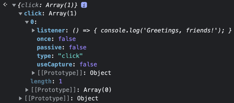 Properties of the click event listener assigned to the document object.