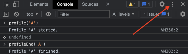 Location of the kebab menu in Chrome DevTools. It is located on the far-right of the DevTools toolbar to the left of the Close icon.
