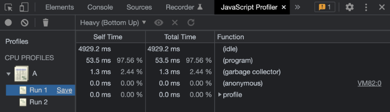 JavaScript Profiler displaying Profile A and two runs in Chrome DevTools.