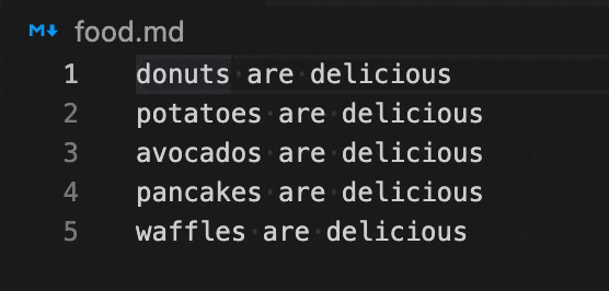 Activating the multiline cursor to remove 'are delicious' from the end of each line.