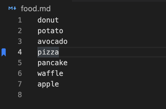List of food. A blue ribbon appears to the left of line 4. This line contains the word, pizza.