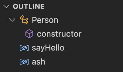 The outline section in the primary side bar of VS Code. Four symbols are listed: Person, constructor, sayHello, and ash.