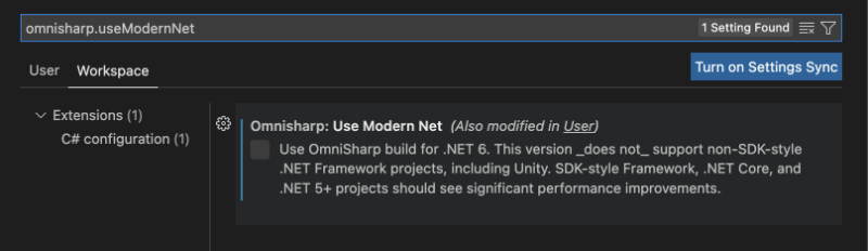 The omnisharp.useModernNet setting in the C# extension in VS Code.