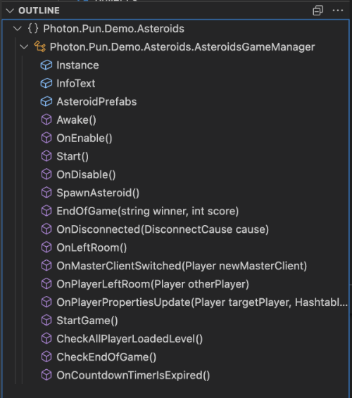 A list of symbols in Photon's Asteroids Game Manager.