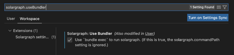 The useBundler setting in the solargraph VS Code extension with a checkbox that is checked.
