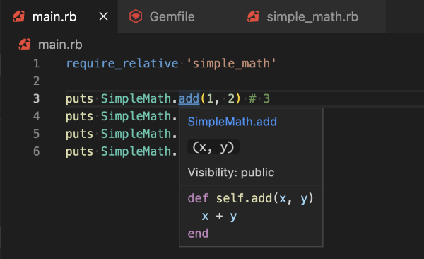 Inline documentation for the add method in the SimpleMath module. The original method declaration is displayed.