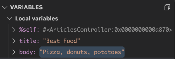 Local variables in the Variables section in VS Code. There are three local variables shown: %self, title, and body.