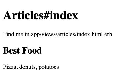 Articles#index Find me in app/views/articles/index.html.erb Best Food Pizza, donuts, potatoes