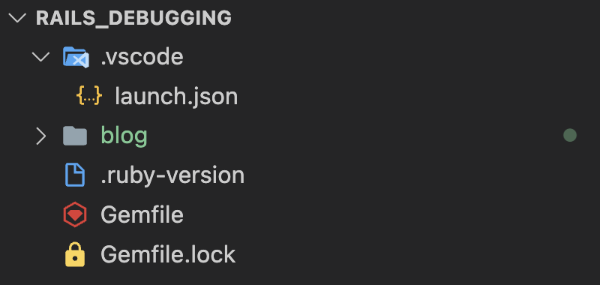 File structure in VS Code. The current project is rails_debugging and contains two directories: .vscode and blog. Inside the .vscode directory is a file called launch.json.