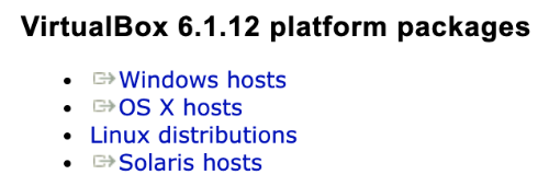 VirtualBox 6.1.12 platform packages: Windows hosts, OS X hosts, Linux distributions, Solaris hosts