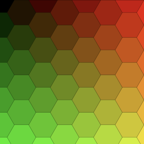 Grid of hexagons drawn to the HTML canvas. The grid has a colorful pattern where each hexagon has a solid color that goes from black to red on the x-axis and toward green/yellow on the y-axis.