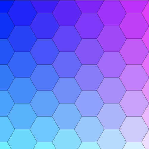 Grid of hexagons drawn to the HTML canvas. The grid has a colorful pattern where each hexagon has a solid color that goes from blue to purple on the x-axis and toward cyan/pink on the y-axis.