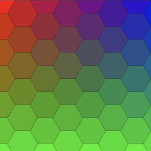 Grid of hexagons drawn to the HTML canvas. The grid has a rainbow pattern where each hexagon has a solid color that goes from blue to red on the x-axis and toward green on the y-axis.