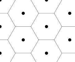 Hexagron grid using a canvas size of 240 pixels in width and 200 pixels in height. Small black circles are drawn in the center of each hexagon.