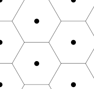 Hexagron grid using a canvas size of 190 pixels in width and 180 pixels in height. Small black circles are drawn in the center of each hexagon.