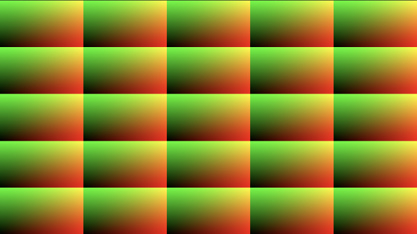 Shadertoy canvas displaying a five by five grid of rectangular cells where each cell has colors that range between black and red on the x-axis and black and green on the y-axis.