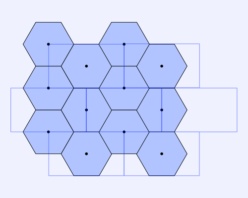 Illustration of a grid of hexagons. Blue rectangles are drawn around the edges of hexagons such that the center of a rectangle is the center of one hexagon and the corners of the rectangles touch other hexagon's center points.