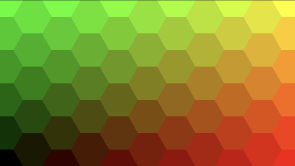 Shadertoy canvas displaying a colorful grid of hexagons. The hexagons each have a solid color. The color starts as black in the bottom-left corner of the canvas. Hexagons become greener toward the top-left corner. Hexagons become redder toward the bottom-right corner. The hexagon color approaches yellow toward the top-right corner.