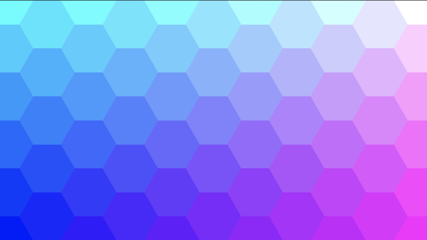 Shadertoy canvas displaying a colorful grid of hexagons. The hexagons each have a solid color. The color starts as blue in the bottom-left corner of the canvas. Hexagons become more cyan toward the top-left corner. Hexagons become purple toward the bottom-right corner. The hexagon color approaches white toward the top-right corner.