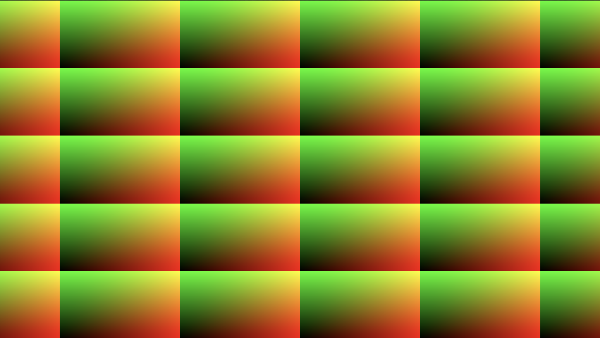 Shadertoy canvas displaying a five by five grid of rectangular cells where each cell has colors that range between black and red on the x-axis and black and green on the y-axis. Each grid cell have been shifted a bit to the right.