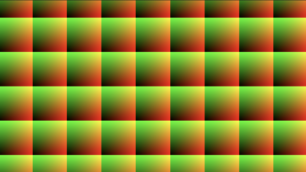 Shadertoy canvas displaying a nine by six grid of square-shaped cells where each cell has colors that range between black and red on the x-axis and black and green on the y-axis. Each cell has been shifted to the right a bit.