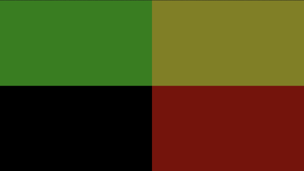 Shadertoy canvas displaying a two by two grid of rectangular cells. Bottom-left cell is black. Top-left cell is green. Top-right cell is yellow. Bottom-right cell is red.