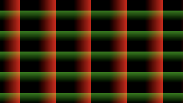 Shadertoy canvas displaying a grid of cells where each cell has colors that range between black and red on the x-axis and black and green on the y-axis. The bottom-left quadrant of each cell is black.