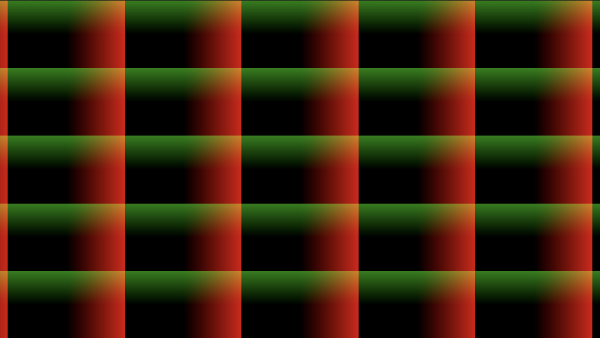 Shadertoy canvas displaying a grid of cells where each cell has colors that range between black and red on the x-axis and black and green on the y-axis. The bottom-left quadrant of each cell is black. This grid has been shifted a bit diagonally compared to the previous grid example.