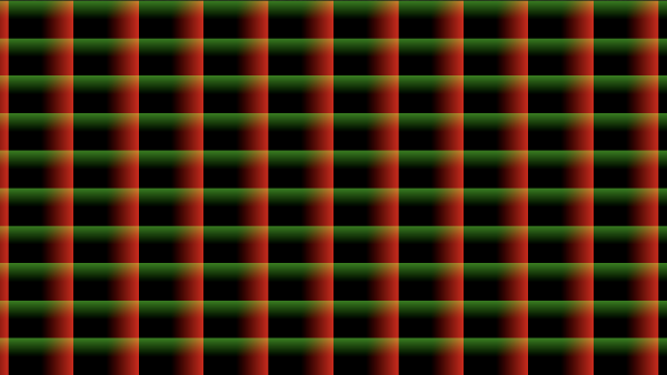 Shadertoy canvas displaying a ten by ten grid of cells where each cell has colors that range between black and red on the x-axis and black and green on the y-axis. Two five by five grids are overlaid on top of each other.