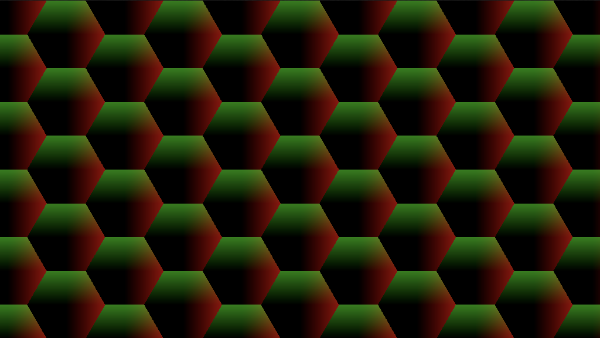 Shadertoy canvas displaying a grid of hexagons. The bottom-left quarter of each hexagon is black. The colors go toward green on the top part of each hexagon and go toward red on the right side of each hexagon.