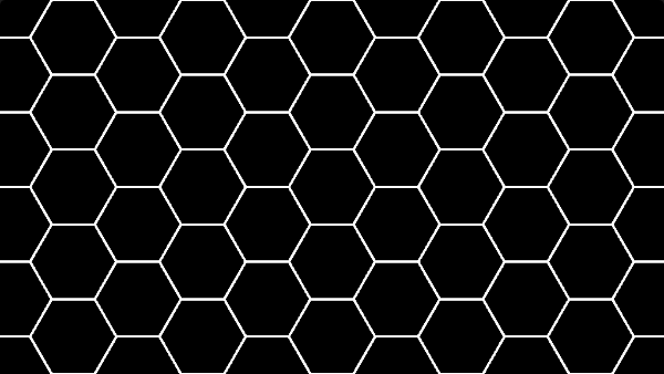 Shadertoy canvas displaying a grid of hexagons. Each hexagon is black with a thin white outline around them.