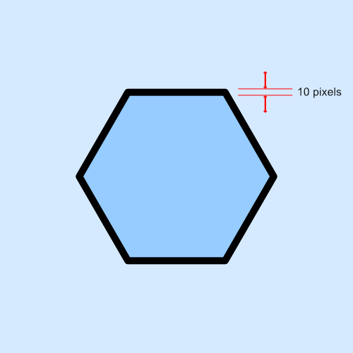 Illustration of a single hexagon with a thin black outline around it. The thickness of the outline is labelled as 10 pixels.