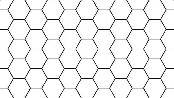 Shadertoy canvas displaying a grid of hexagons. Each hexagon is white with a thin black outline around them.