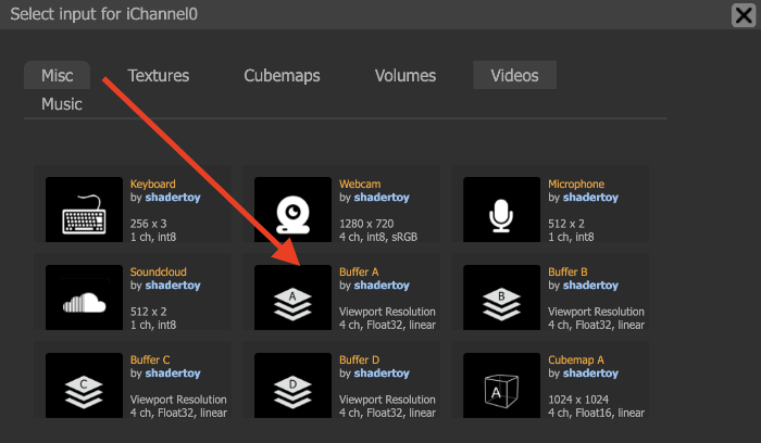 Popup menu in Shadertoy for selecting an input for iChannel0. Buffer A is located in the middle of the popup.