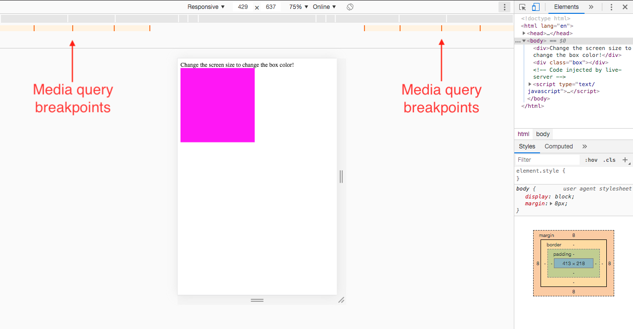 magenta box and media query breakpoints