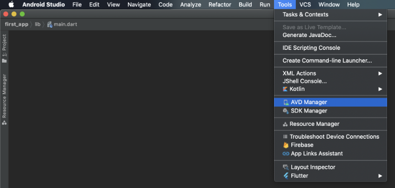 AVD Manager option in Android Studio