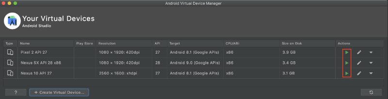 List of virtual devices in AVD Manager