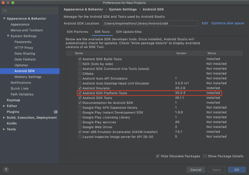 Location of Android SDK Platform-Tools package in Android Studio
