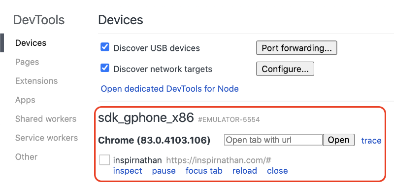 Inspecting connected Android devices in Google Chrome