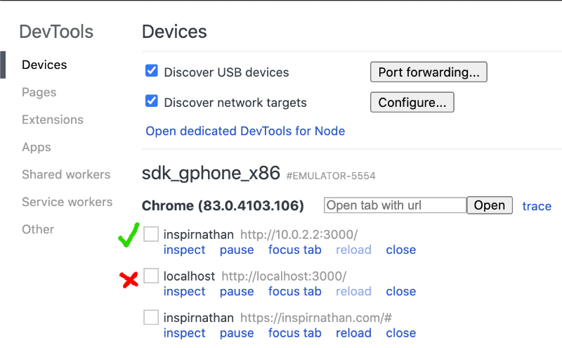 Inspecting localhost inside connected Android devices in Google Chrome