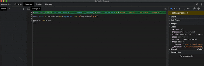 Placing breakpoints in Node.js debugger