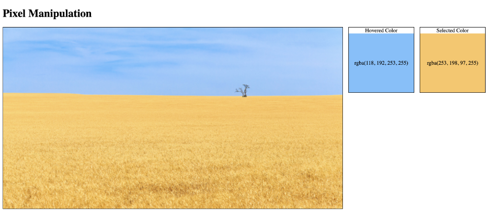 Web application showing the wheat fields photo inside a canvas element. To the right are two boxes, one holding the hover color, and a second holding the selected color.